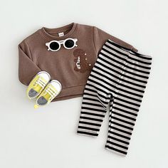 Playful Playwear Sets For Fall, Playful Long Sleeve Sets For Fall, Casual Brown Playwear Sets, Cute Brown Cotton Set, Playful Brown Cotton Sets, Brown Cotton Sets For Fall, Cute Long Sleeve Sets For Fall, Fall Brown Cotton Sets, Cute Cotton Leggings For Fall