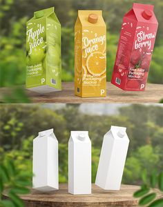 three different types of juice cartons sitting on top of a wooden table with trees in the background