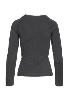 This dark grey top is crafted in stretch jersey fabric. It has long raglan sleeves with 8cm cuffs in the same fabric. It has patches on the elbows. The V neckline has a wide trim in the same fabric.  The top has very small slits at the sides. There is a grey print in the front with decorative metal detailing. Gentle machine wash. Turn garment inside out. Cold water. Mild detergent. Iron on reverse side. Do not tumble dry. Do not bleach. Gray Winter Tops With Thumbholes, Stretch Long Sleeve Top With Ribbed Cuffs, Fitted Heather Grey Winter Tops, Winter Raglan Sleeve Stretch Tops, Winter Heather Grey Fitted Tops, Fitted Long Sleeve Heather Grey Top, Heather Grey Fitted Long Sleeve Top, Gray High Stretch Tops With Thumbholes, Gray Tops With Stretch And Ribbed Cuffs