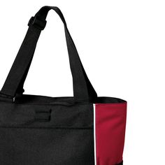 This tote has a secure zippered top and adjustable webbing handles for easy carrying.600 denier polyester canvas Zippered opening Large front pocket for easy decoration Adjustable web handles Pen holder loops Two side mesh pockets Dimensions: 14.875 h x 13.25 w x 5.125 d; Approx. 1 010 cubic inches Note: Bags not intended for use by children 12 and under. Includes a California Prop 65 and social responsibility hangtag. Suggestions: Panel tote bag Set of 2 bags Stylish tote bag Functional tote Du Sporty Black Canvas Bag, Sporty Canvas Bag With Zipper Closure, Stylish Tote Bag, Port Authority, Social Responsibility, Bag Set, Simple Decor, Pen Holder, Black Red