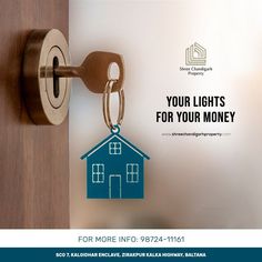 a door handle with a house key on it and the words, your lights for your money