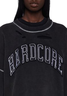 will have you on top, even on your day off. This oversized sweatshirt has a soft washed jersey construction, "Hardcore" embroidered at the chest, contrast-colored stitching, distressed detailing, and long sleeves. Current Mood Clothing, Current Mood, Oversized Sweatshirt, Oversized Sweater, Dolls Kill, Day Off, Black Sweaters, Online Boutique, Streetwear Fashion