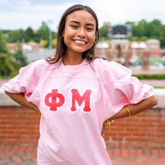 This unique & trendy Basic Greek Letter Sorority Chapter Unisex Crew Neck Jersey Bid Day T-Shirt is sure to stand out on any campus!  Grab one for you, your favorite sister, or a group of sisters (chapter discounts offered - see below for more information). Pictures Featuring  (left to right)  ⭑ #1-3: Light Pink Shirt (White cuff trim), Neon Pink top fabric, White background fabric (Phi Mu)  ⭑ #4: Light Pink Shirt (White cuff trim), Neon Pink top fabric, White background fabric (Phi Mu) & White Pink Crew Neck T-shirt For Game Day, Game Day Crew Neck T-shirt With Letter Embroidery, Collegiate Pink Crew Neck Top, College T-shirt With Letter Embroidery And Short Sleeves, College Short Sleeve T-shirt With Letter Embroidery, Collegiate Pink Short Sleeve Tops, Pink Varsity Tops For Game Day, Pink Collegiate Cotton Tops, Letter Embroidery Short Sleeve T-shirt For College