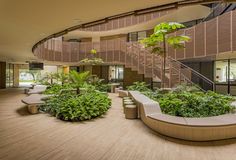 an indoor garden area with benches and plants on the floor in front of a spiral staircase