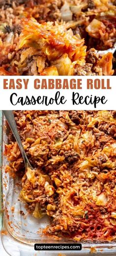 an easy cabbage roll casserole recipe in a glass dish