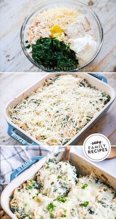 four different views of an enchilada casserole with cheese and spinach