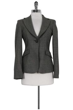 Current Boutique-Armani Collezioni - Grey, Brown & Black Woven Blazer Sz 2 Fitted Office Chic Blazer For Fall, Fitted Outerwear For Office, Gray Fitted Blazer For Office, Fitted Office Chic Blazer, Elegant Gray Blazer For Office Wear, Fitted Gray Outerwear For Office, Office Chic Fitted Blazer For Workwear, Fitted Office Chic Blazer For Business Casual, Office Chic Fitted Career Blazer