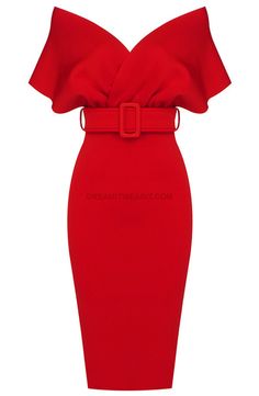 Off The Shoulder Belt Midi Dress Red Fitted Dress With Belt For Date Night, Chic Red Belted Midi Dress, Fitted Summer Midi Dress With Belt, Evening Fitted Midi Dress With Belt, Fitted Midi Dress With Belt For Summer, Fitted Midi Dress With Belt For Evening, Elegant Off-shoulder Belted Dress, Elegant Red Belted Midi Dress, Chic Fitted Belted Dress For Night Out