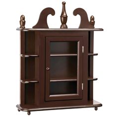 a wooden cabinet with glass doors and metal handles on the top, in dark brown