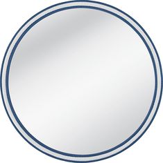 a round mirror with blue trim around the edges and an oval shape on it's side