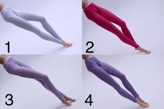 four pictures of different colored leggings with numbers on them