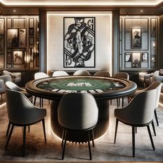 a casino table surrounded by chairs and tables in a room with pictures on the wall