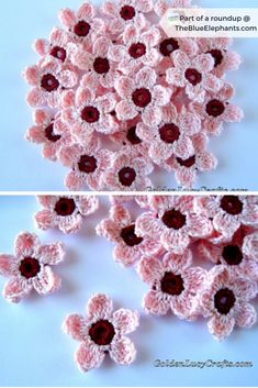 crocheted flowers are shown in two different pictures