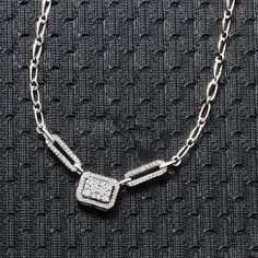 Ross-Simons - .50 ct. t. w. Diamond Cluster Necklace in Sterling Silver. 20". This necklace lets you achieve a maximally chic look without having to buy more than one chain. Shimmery .50 ct. t. w. round diamonds adorn the rectangular cluster, which gives the look of a .75 carat diamond, and bordering paper clip link elements. Crafted in sterling silver and suspends from a cable chain. Lobster clasp, diamond cluster necklace. Diamond birthstones are the perfect gift for April birthdays. April Birthday, Diamond Birthstone, Cluster Necklace, Diamond Cluster, Cable Chain, Paper Clip, Round Diamonds, 50 %, Fine Jewelry