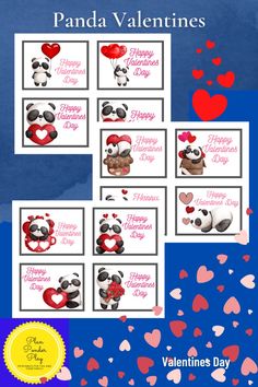 panda valentine's day cards with hearts on them and the words happy valentine's day