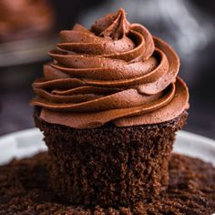 a cupcake with chocolate frosting on a plate