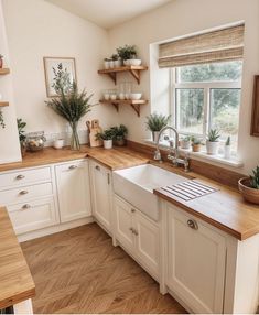 a kitchen with white cabinets and wooden counter tops, plants on the window sill