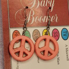 "Peach stone peace sign dangle earrings.  Dangle approx 2\".  Hypo-allergenic silver-tone ear wires." Tin Man, Etsy Earrings Dangle, Earrings Dangle, Peace Sign, Lebanon, Wooden Beads, Ear Wires, Jewelry Earrings Dangle, Dangle Drop Earrings