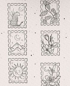 four stamps with different designs on them and one has flowers in the middle, while the other