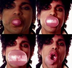 four different pictures of a man with his tongue out and chewing on a pink lollipop