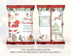 two bags of christmas cookies with santa clause on them and the words merry christmas written in red