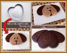 four pictures showing how to make a dog shaped cake