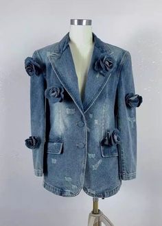 Turn heads with our 3D Roses Decor Denim Blazer. Made with stunning 3D rose embellishments, this blazer adds a touch of glamour and texture to any outfit. Perfect for a night out or casual occasion, this blazer is sure to make a statement. Expertly crafted with quality denim for a stylish and sophisticated look. Material: Cotton Luxury Vintage Blue Blazer, Roses Decor, Lady Sings The Blues, 3d Rose, Denim Blazer, Collar Jacket, Denim Coat, Casual Denim, Sweater Coats