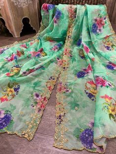 Organza floral printed dupatta with gold embroidery. Makes a great bridesmaid gift / shawl Green Organza Dupatta With Floral Embroidery, Green Floral Embroidered Dupatta, Multicolor Floral Print Tissue Silk Dupatta, Luxury Pista Green Floral Print Dupatta, Spring Floral Print Organza Dupatta, Silk Quilt, Gold Embroidery, Sari Silk, Mint Green