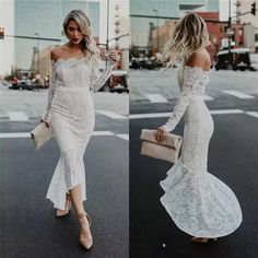 two photos of a woman in white dress walking down the street with her hand on her hip