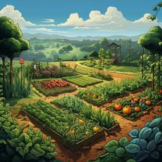 an artist's rendering of a garden with lots of vegetables and trees in the background