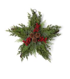 a star shaped ornament with pine cones, berries and evergreen needles on white background