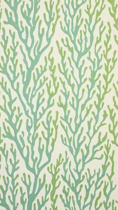 a green and white wallpaper with corals on it