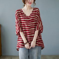 Details Pattern Type: StripeSleeve Type: Batwing SleeveSilhouette: ShiftMaterial: Cotton, LinenNeckline: V-NeckOccasion: Daytime, DailyProcess: High LowTheme: SummerColor: Red, BlackSize: One Size Size Chart: One SizeShoulder: 43 cm/ 16.93 ''Bust: 150 cm/ 59.06 ''Length: 66-72 cm/ 25.98-28.35 '' Fall Beach V-neck Blouse, Fall V-neck Tops For Beach, Fall V-neck Beach Tops, Fall Beach V-neck Tops, Striped V-neck Blouse For Summer, Red V-neck Blouse, Striped V-neck Blouse For Fall, Fall Striped V-neck Blouse, Non-stretch V-neck Blouse For The Beach