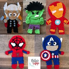 four crocheted stuffed animals are shown in different colors and sizes, including one spiderman, the other captain america