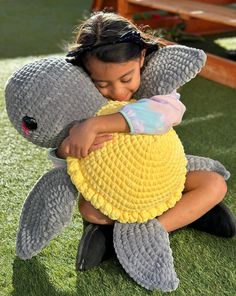 Talk about JUMBO size sea turtle! 😃 Meet Thunder (as my kids call him) the jumbo size crochet sea turtle! ❤️ Enjoy this super cool crochet sea turtle! He is soft,  lovely, sturdy and would make any kid or grown-up smile! He would make a great gift for someone special in your life or for yourself ❤️😍.  I chose to design this turtle using a gray color body and a yellow shell which compliment each other so well. He's so vibrant and elegant!  Perfect for snuggling or as decor😊I consider this sea Huge Crochet Projects, Huge Crochet, Crochet Large Amigurumi Free Patterns, Crochet Sea Turtle, Crochet For Him, Jumbo Crochet, Jumbo Crochet Plushies, Kids Crochet, Crochet Big Plushies