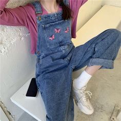 Butterfly Embroidery Retro Denim Jumpsuits – Tomscloth Casual Cotton Embroidered Overalls, Casual Embroidered Cotton Overalls, Spring Embroidered Cotton Overalls, Casual Pink Cotton Denim Jumpsuit, Casual Pink Denim Jumpsuit With Pockets, Artsy Outfits Aesthetic, Vintage Grunge Aesthetic Outfits, Retro Aesthetic Fashion, Cute Dungarees