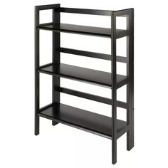 a black book shelf with three shelves on each side and one section open to show the bottom