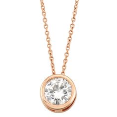 Simple, yet elegant, this Charles & Colvard lab-created moissanite bezel pendant adds a touch of sparkle to any outfit. Simple, yet elegant, this Charles & Colvard lab-created moissanite bezel pendant adds a touch of sparkle to any outfit. Chain length: 18 in. + 2-in. extender Chain type: cable Metal: 14k rose gold Finish: polished Packaging: boxedSTONE DETAILS Stone type: lab-created moissanite Total weight: 1 ct. Center stone size: 6.5 mm x 6.5 mm Shape: round brilliant Setting: bezel Rose Gold Round Cut Diamond Necklace For Formal Occasions, Anniversary Rose Gold Cubic Zirconia Solitaire Necklace, Elegant Rose Gold Moissanite Diamond Necklace, Timeless Rose Gold Moissanite Jewelry, Timeless Moissanite Rose Gold Jewelry, Rose Gold Diamond Necklace With Moissanite And Diamond Accents, Rose Gold Round Cut Diamond Necklace With Bezel Setting, Rose Gold Diamond Necklace With Bezel Setting, Luxury Rose Gold Jewelry With Bezel Setting