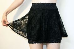 Black Stretch Lace Circle Skirt worn over Black Stretch Lace Slip Skirt cotton spandex nylon underskirt plus size XS S M L XL 2XL 3XL high-waist handmade by Deranged Designs Stretch Lace Shorts, Lace Slip Skirt, Black Stretch Lace, Slip Skirt, Lace Slip, Leggings Design, Circle Skirt, Stretch Lace, Black Stretch