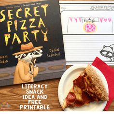 there is a plate with pizza on it and a book about the secret pizza party