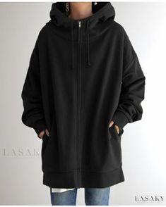 Lasaky - Premium Customizable Hooded Zip-Up Sweatshirt with Extended Length and Luxurious Fleece Lining Estilo Chic, Hoodie Coat, Fall Fabric, Loose Outfit, Fleece Sweater, Persona 5, Collar Top, Turtle Neck Top, Hooded Sweater