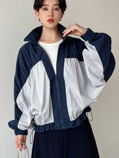 Azul Casual Collar manga larga Tela tricotada Color combinado Rompevientos Embellished No-Elástico Stylish Jackets Women, Colorblock Windbreaker, Stylish Jackets, Lightweight Jacket, All Fashion, Women Clothing, Women Clothes Sale, Woven Fabric, Caps Hats