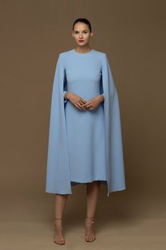 Oversized cape shape sleeves crepe dress - HerTrove Dress With Cape Sleeves, Isabel Sanchis, Exclusive Gowns, Dress With Cape, Cape Wedding Dress, Dress Name, Cape Style, Cape Sleeves, Cape Dress