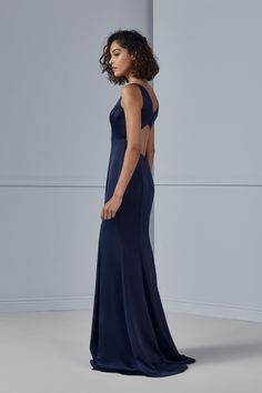 A refined V-neck and structured bust define the front of this fluid satin gown, but the back is the showstopper: Closures at the mid and low back create a diamond-shaped opening that’s chic but not showy. Shown in Navy. Amsale Dress, Amsale Bridesmaid, Satin Gown, Little White Dresses, Fabric Color, Dress Length, Backless Dress, Bridal Gowns, Formal Dresses Long