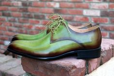 Style: 479-04-Olive Handsome Burnished Calfskin lace-up 4-eyelet Blucher oxford from the Carrucci collection features decorative perforations with a toe medallion and a clean, notched welt! Green Leather Lace-up Dress Shoes, Green Wingtip Oxfords With Goodyear Welt, Classic Green Leather Oxfords, Green Leather Oxfords For Derby, Green Leather Sole Oxfords For Business, Green Goodyear Welted Wingtip Oxfords, Green Brogue Dress Shoes With Plain Toe, Green Leather-sole Oxfords For Business, Green Dress Shoes For Derby With Round Toe