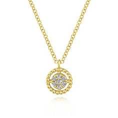 14k Yellow Gold Fashion NECKLACE A cluster of round pave diamonds is suspended within a beaded gold frame. You'll never want to take off this delicate fashion necklace. #uniquenecklace #diamondnecklace #goldnecklace Luxury Yellow Gold Necklaces With Single Cut Diamonds, Luxury Engagement Yellow Gold Solitaire Necklace, Luxury Yellow Gold Necklace With Single Cut Diamonds, Luxury Yellow Gold Open Circle Necklace, Luxury Yellow Gold Celestial Diamond Necklace, Luxury Gold Diamond Halo Necklace, Luxury Round Diamond Necklace With Detachable Pendant, Luxury Yellow Gold Drop Necklace In Fine Jewelry Style, Luxury Gold-tone Diamond Necklaces