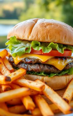 a hamburger and french fries on a plate