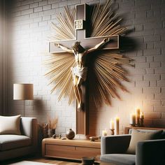 a crucifix in the corner of a living room