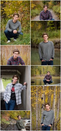 a series of photos showing different people in the woods