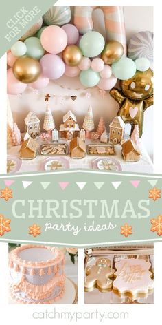 a christmas party with gingerbreads, cookies and balloons